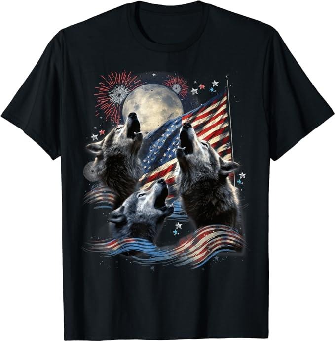 Funny 4th of July Shirts For Men, 3 Wolf Moon 4th of July American Flag T-Shirt Menswear Top Casual Cotton Fashion Basic...
