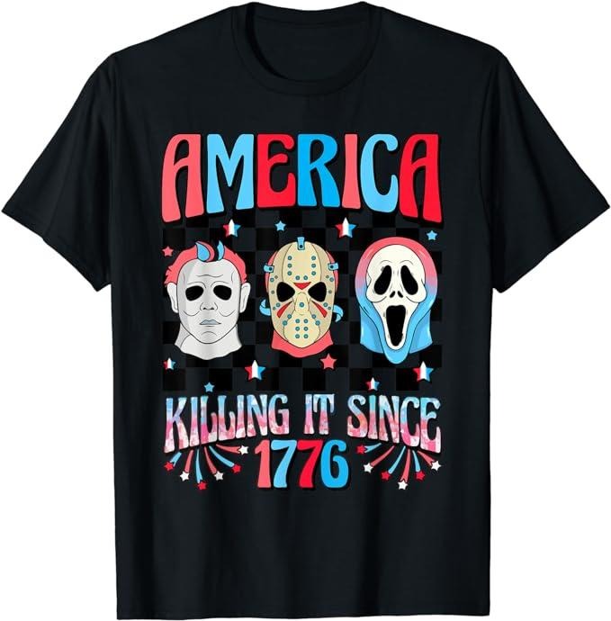 Funny 4th of July Shirts For Men, Funny America Killing IT Since 1776 Horror 4th Of July USA T-Shirt Menswear Top Casual...