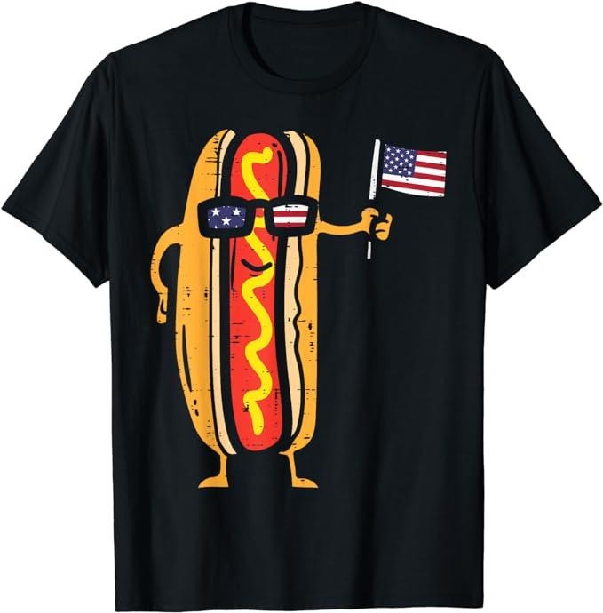 Funny 4th of July Shirts For Men, Hotdog Sunglasses American Flag T-Shirt Menswear Top Casual Cotton Hoodie, Sweatshirt