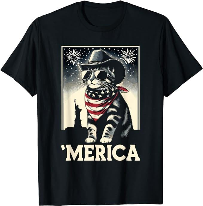 Funny 4th of July Shirts For Men, USA 'Merica Cat 4th of July Funny Patriotic T-Shirt Menswear Top Casual Cotton Fashion...