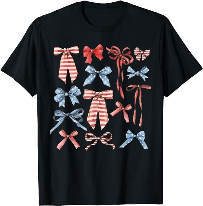 Funny 4th of July Shirts For Women, Red White And Blue American Coquette Bows Funny 4th Of July T-Shirt Top Casual Cotton...