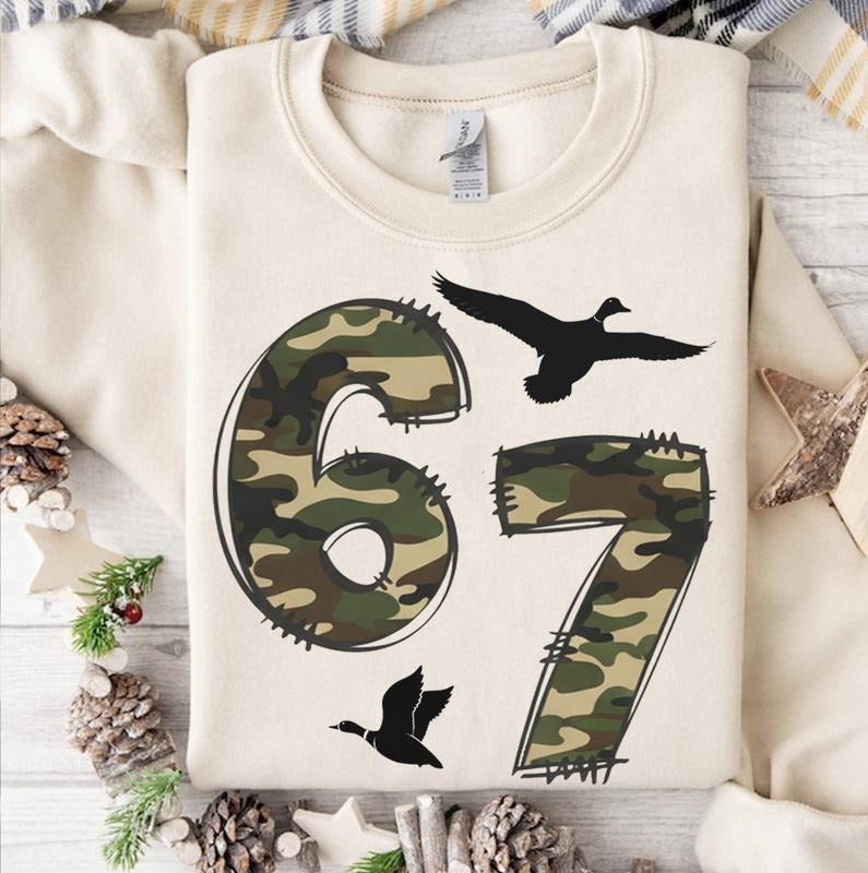 Funny 6 7 Six Seven Oldschool Camo Mallard Duck Unisex Crewneck Sweatshirt, Viral Funny 6 7 Internet Joke Tee, Hunting...