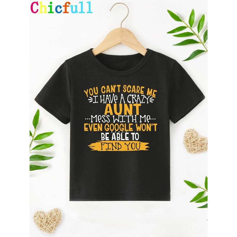 Funny Aunt Message Boys' Black Cotton T-Shirt - Soft & Stretchy Crew Neck, Non-Transparent with Humorous Letter Print,...
