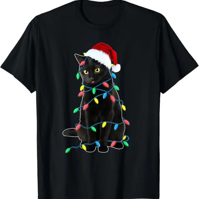 Funny Cat Shirts, Black Cat Christmas Tree Lights Funny Santa Kitten Led Light T-Shirt