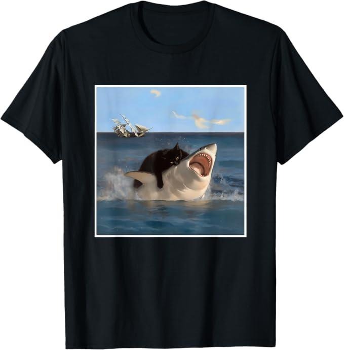 Funny Cat Shirts, Funny Art & Cat Lover Quote Cat Biting Shark Cool Fat Cat T-Shirt