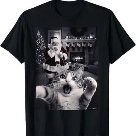 Funny Cat Shirts, Funny Cat Selfie With Santa Christmas T-Shirt - Menswear Top Hoodie, Sweatshirt | HypeCrazeTee.com