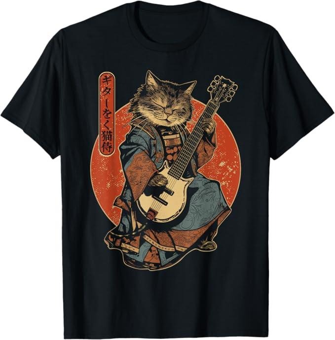 Funny Cat Shirts, Japanese Samurai Cat Playing The Electric Guitar T-Shirt