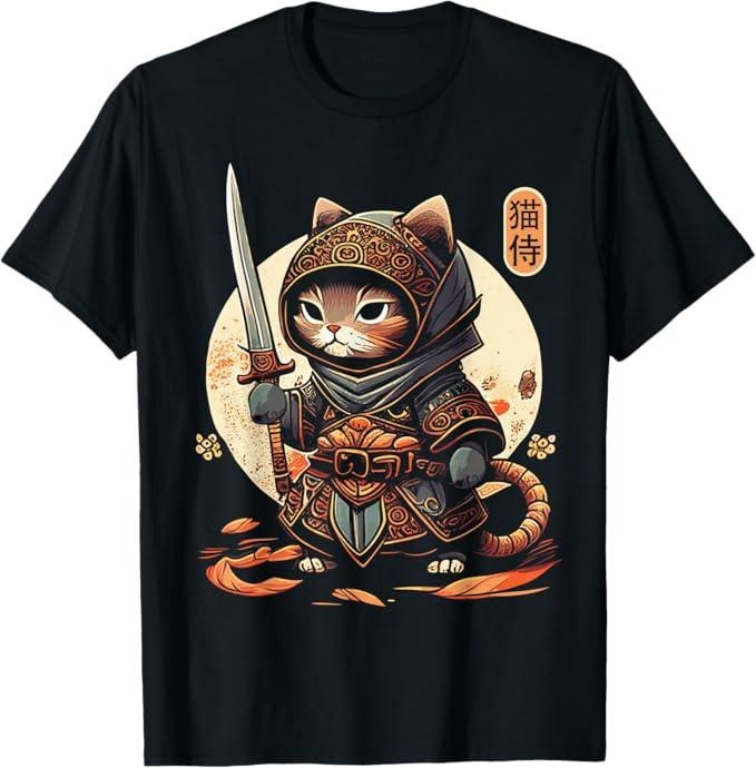 Funny Cat Shirts Japanese Samurai Cat Tattoo Kawaii Ninja Cat Menswear Top T-Shirts, Hoodie, Sweatshirt
