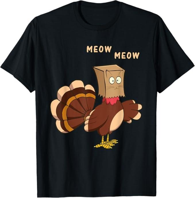 Funny Cat Shirts, Thanksgiving Cat Funny Fake Cat Meow Thanksgiving Turkey T-Shirt