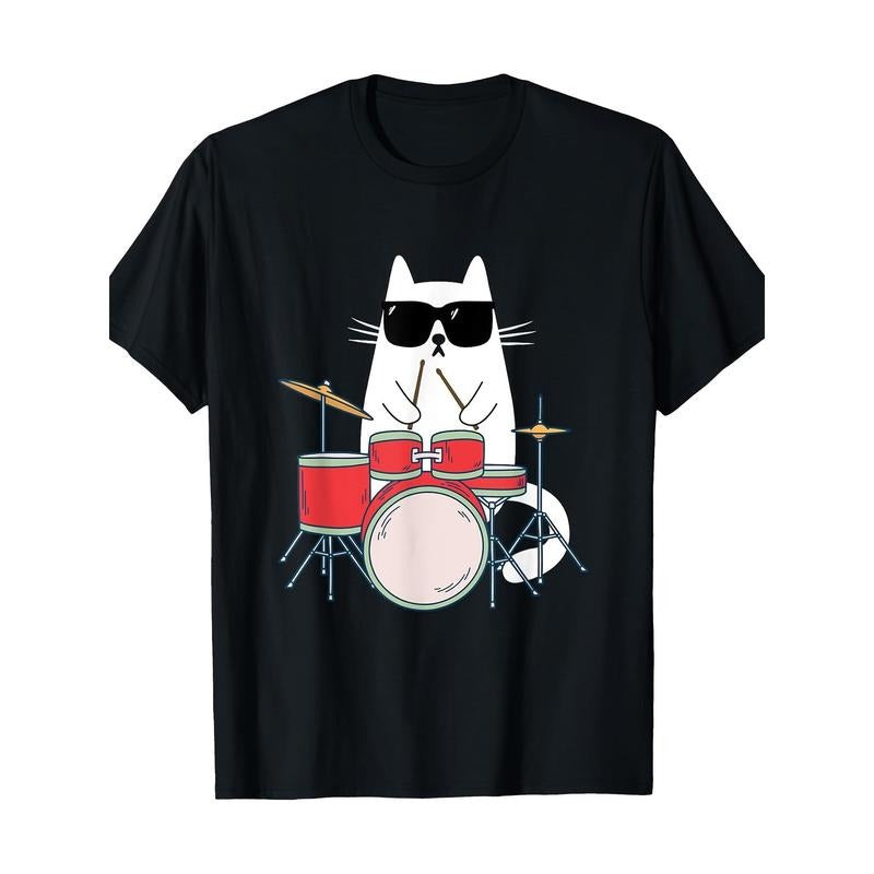Funny Cat Wearing Sunglasses Playing Drums Drum Kit Musician T-Shirt 100%cotton Made in USA Hoodie, Sweatshirt