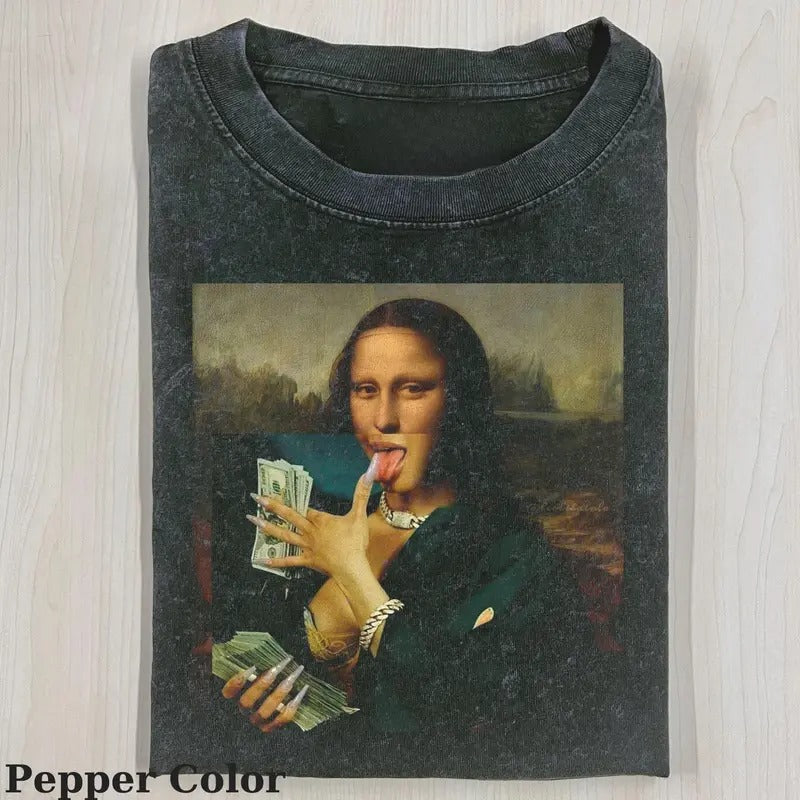 Funny Character Vintage Graphic Tee, Mona Lisa Counting Money T-Shirt, Unisex Meme Cringe Funny Shirt, Menswear...