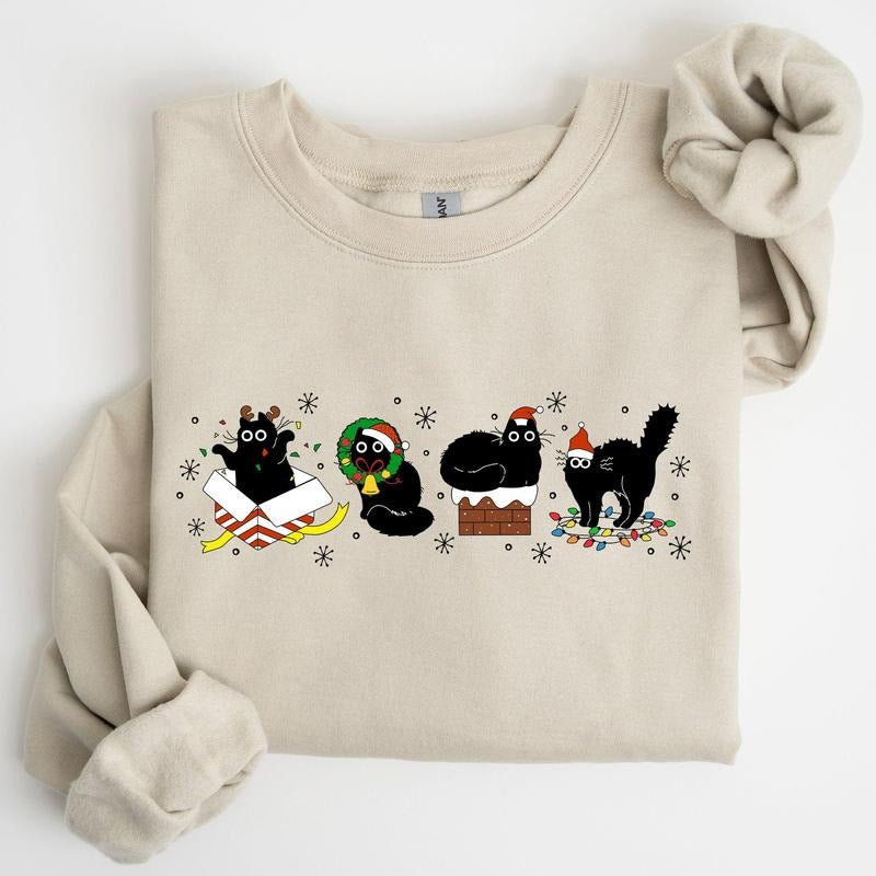 Funny Christmas Cats, Black Cat, Santa, Xmas Sweatshirt, Crew Neck, Women's, Crewneck T-Shirts, Hoodie | HypeCrazeTee.com