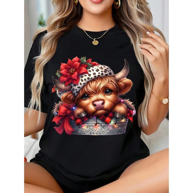 Funny Christmas Highland Cow Shirt, Coquette Christmas Highland Cow T-Shirt, Plus Size Women's Vibrant Farmer Christmas...