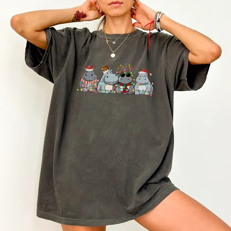 Funny Christmas Hippo Shirt Comfort Colors, Cute Baby Hippos Tees for Women, Christmas Pygmy Hippo Tshirt, 2024 Xmas...