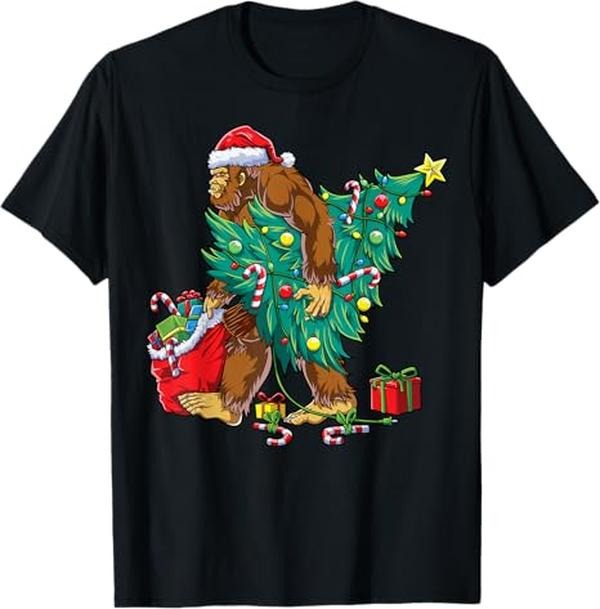 Funny Christmas Shirts, Bigfoot Christmas Tree Lights Xmas Boys Men Sasquatch Lovers T-Shirt