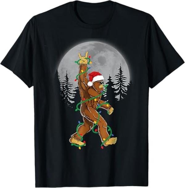 Funny Christmas Shirts, Bigfoot Santa Christmas Tree Lights Funny Xmas Sasquatch T-Shirt