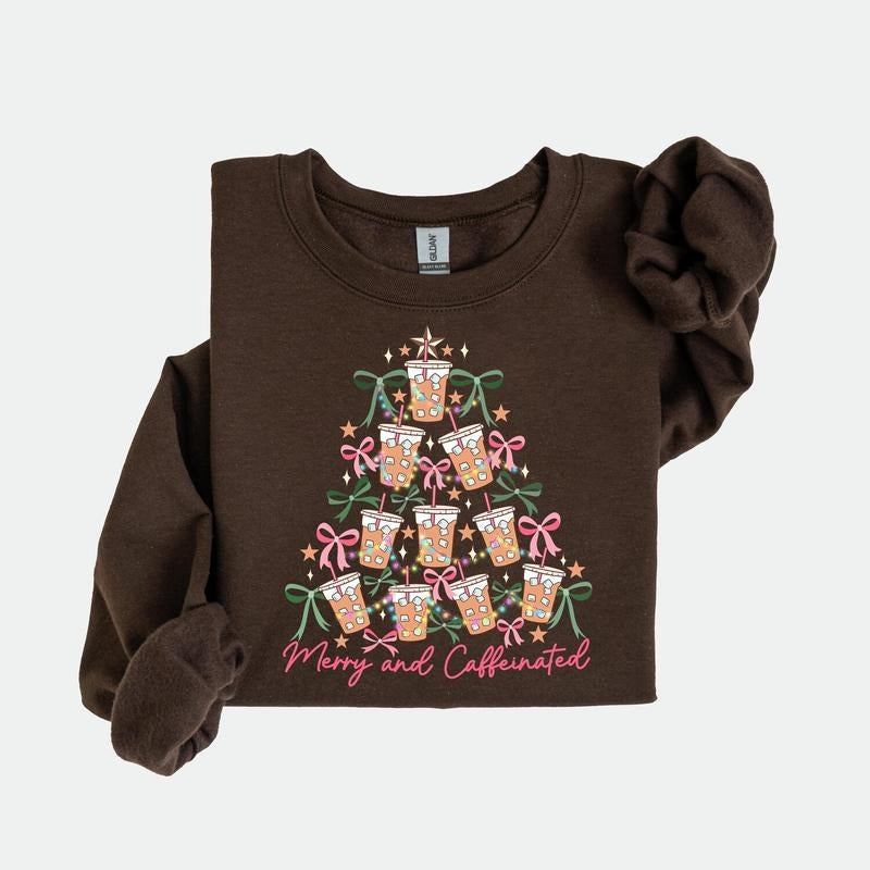 Funny Christmas Sweatsshirt, Merry and Caffeinated Long Sleeve, Coffee Christmas Tree Tshirt, Cute Christmas shirt Gift...