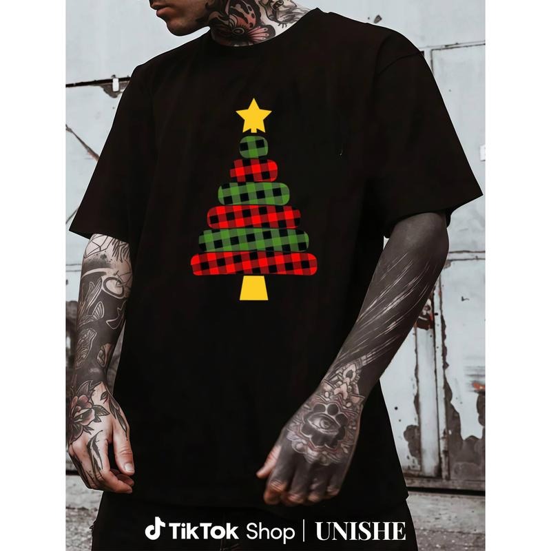 Funny Christmas T-Shirt with Red Green Buffalo Plaid Tree on Black Round Neck Hoodie, Sweatshirt | HypeCrazeTee.com