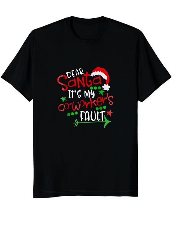 Funny Christmas Text Round Neck T-Shirt for Women, Fitted Casual Top, Dear Santa Creative Print, Holiday Atmosphere,...
