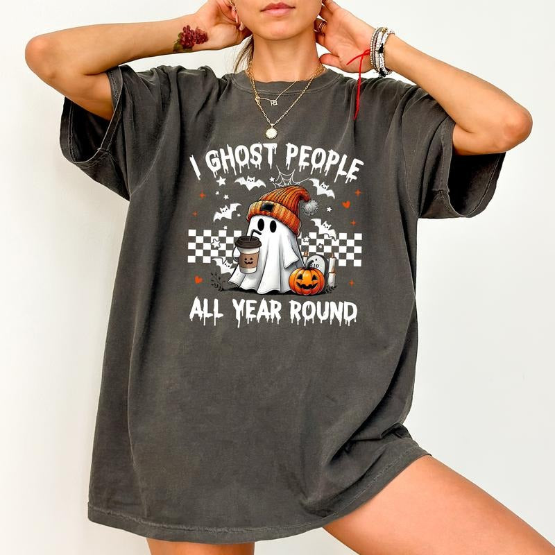Funny Coffee Ghost Shirt Comfort Colors, I Ghost People All Year Round, Cute Halloween Tee for Girls, Halloween Boo...