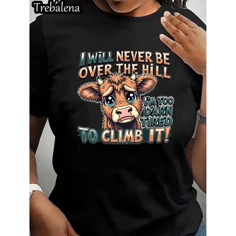 Funny Cow Quote T-Shirt For Women I Will Never Be Over The Hill Soft Knit Casual Tee With Animal Graphic In Plus Sizes...