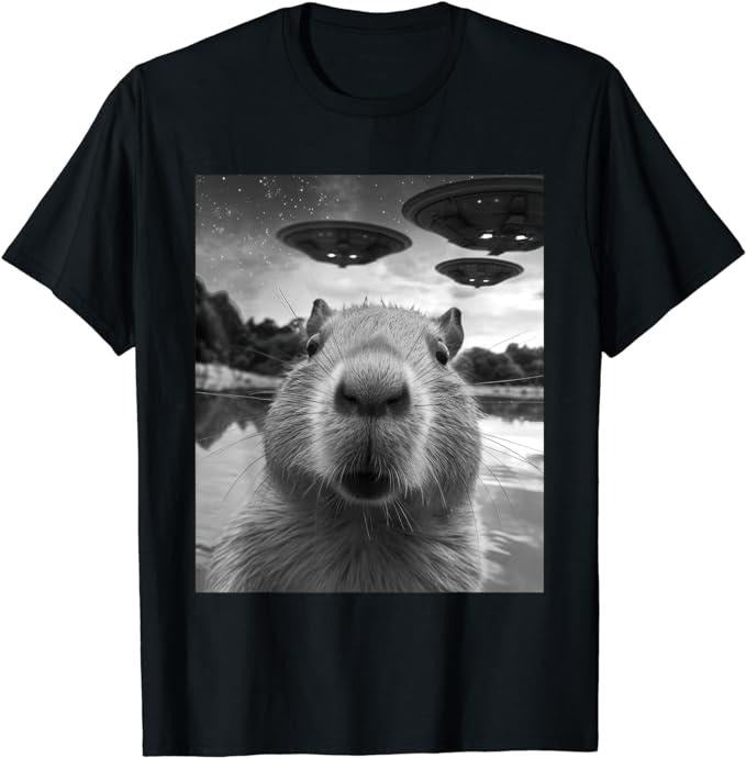 Funny Cute Capybara Shirts, Funny Graphic Tee Capybara Selfie with UFOs Weird T-Shirt Menswear Top Casual Classic Hoodie,...