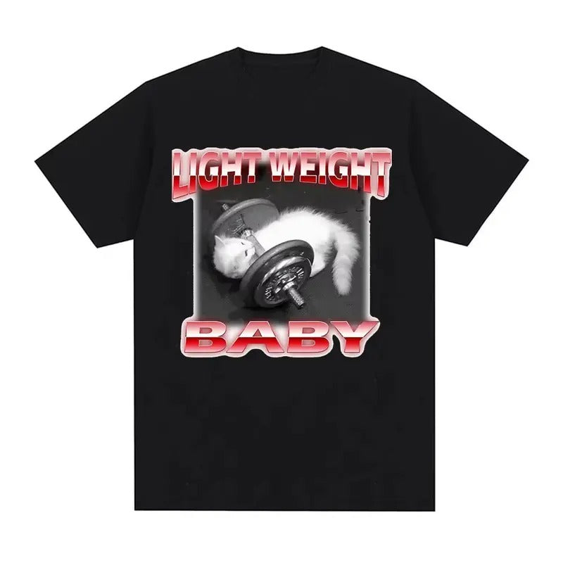 Funny Cute Cat Dumbbell Print Crew Neck T-shirt, Casual Loose Short Sleeve Fashion Summer T-Shirts Tops Women's Clothing,...