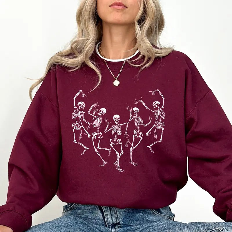 Funny Dancing Skeleton Spooky Skeletons Halloween Creepy Skeleton Halloween Party Tops Skeleton Lover Spooky Season Comfy Long Sleeve Tops Casual Womenswear Comfort Fabric Cotton Top T-Shirts, Hoodie, Sweatshirt