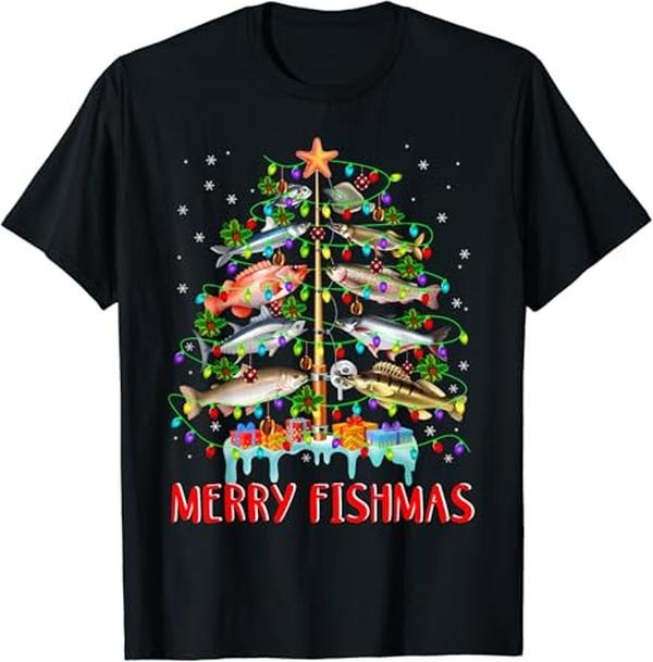 Funny Fishing Shirts, Merry Fishmas Christmas Tree Lights Fish Fishing Rod T-Shirt Cotton Fashion Hoodie, Sweatshirt