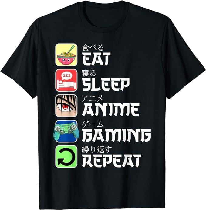Funny Gamer Shirts, Special Gifts For Gamers, Eat Sleep Anime Gaming Repeat Japan Kawaii Manga Anime Gifts T-Shirt...
