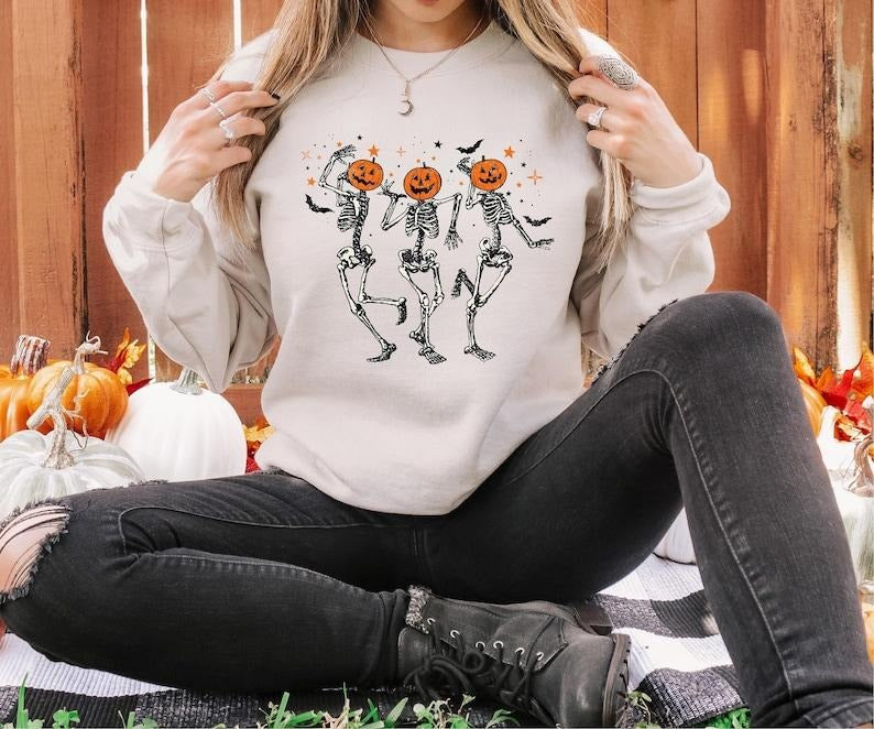 Funny Halloween Pumpkin Head Dancing Skeleton Sweatshirt, Halloween Sweatshirt, Halloween Gift Shirt, Halloween Party...