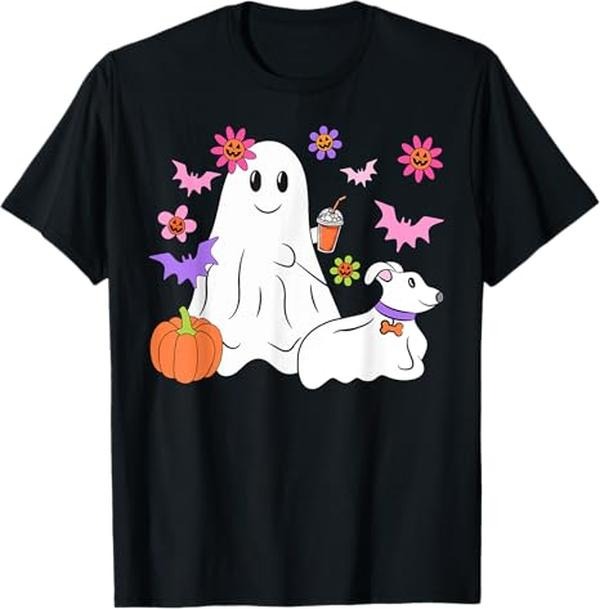 Funny Halloween Shirts For Men, Funny Ghost Walking Dog Spooky Ghost Coffee Halloween Dog T-Shirt Menswear