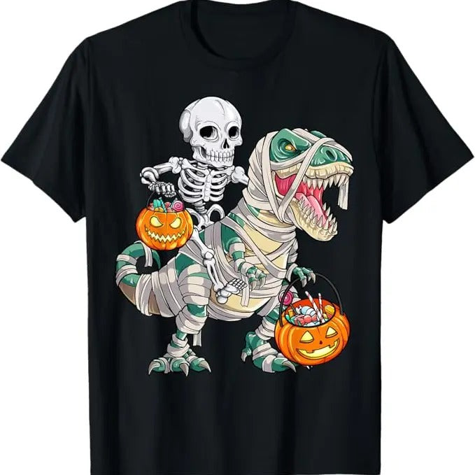 Funny Halloween Shirts For Men, Skeleton Riding Mummy Dinosaur T Rex Halloween Funny Pumpkin T-Shirt Menswear