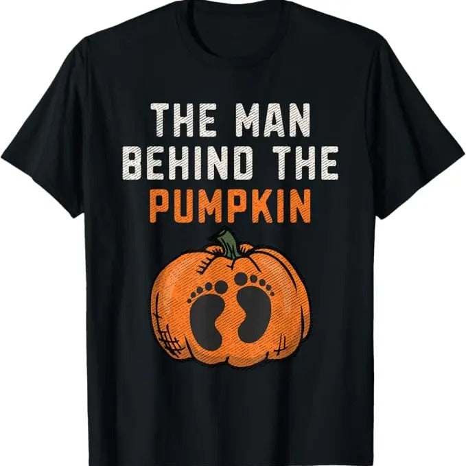 Funny Halloween Shirts For Men, The Man Behind The Pumpkin Dad Halloween Pregnancy Reveal T-Shirt Menswear