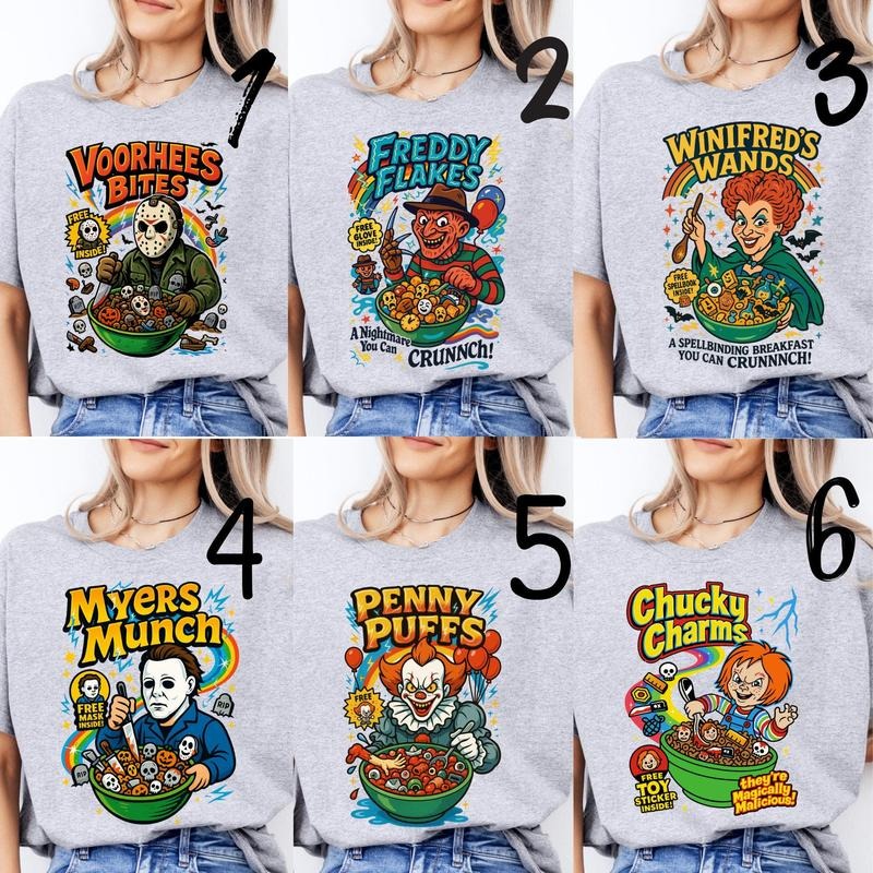 Funny Horror Cereal Shirt, Halloween Horror Movie T-Shirts, Retro Killer Breakfast Tee, Jason Freddy Pennywise Chucky...