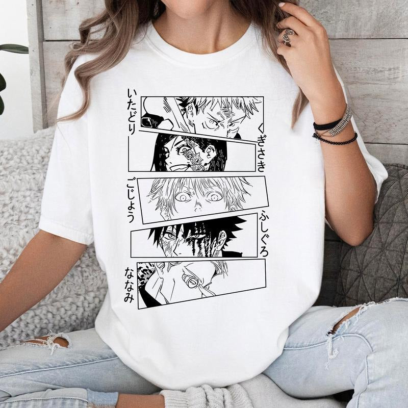 Funny JJK Gojo Nobara Megumi Nanami Yuji Tshirt Crewneck Hoodie Comfort Cotton Sweatshirt | HypeCrazeTee.com