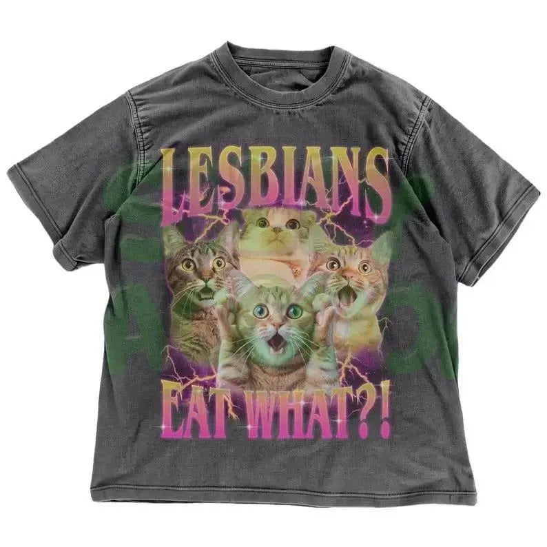 Funny Lesbian Cat T-Shirt | Lesbians Eat What? Meme Tee | Ironic LGBTQ Kitty T-Shirt | Queer Humor | Retro 90s Tee | Gay...