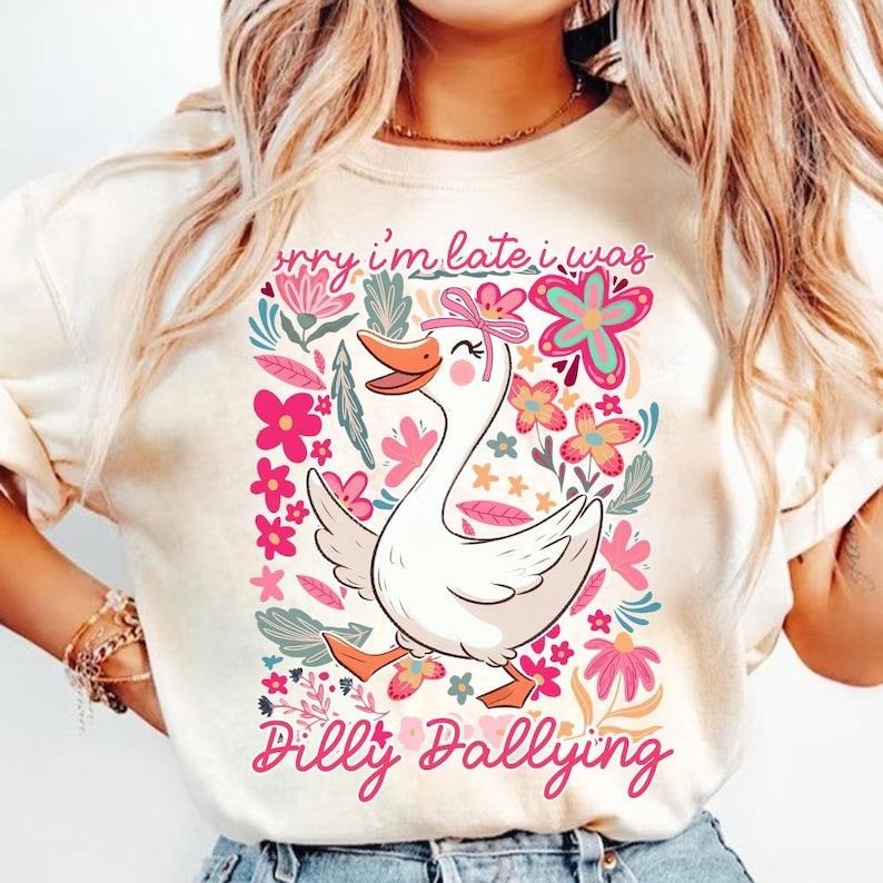 Funny Mama Goose Sorry I'm Late Dilly Dallying Goose Sarcastic Retro Boho Floral T-Shirt Hoodie, Sweatshirt