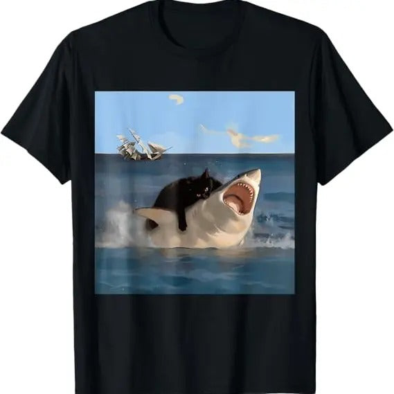 Funny Meme Shirt Cat Biting Shark Humorous Funny Cat Shark Meme Available Size S 5XL T-Shirts, Hoodie, Sweatshirt