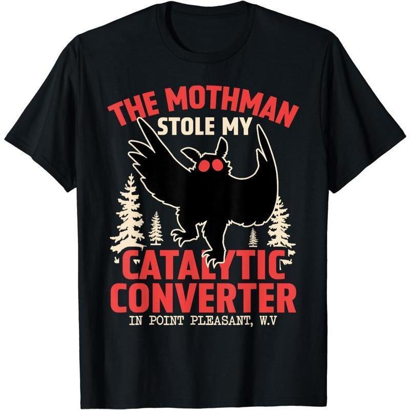 Funny Mothman Stole My Catalytic Converter Mothman Cryptid T-Shirt Cryptozoology Cryptid  Tee Soft Round Neck Menswear...