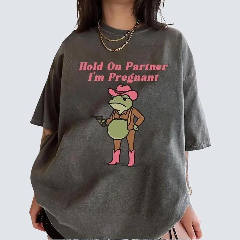 Funny Pregnancy Reveal Shirt Hold On Partner I'm Pregnant Cowboy Frog Pregnancy Announcement Meme Maternity Gift...