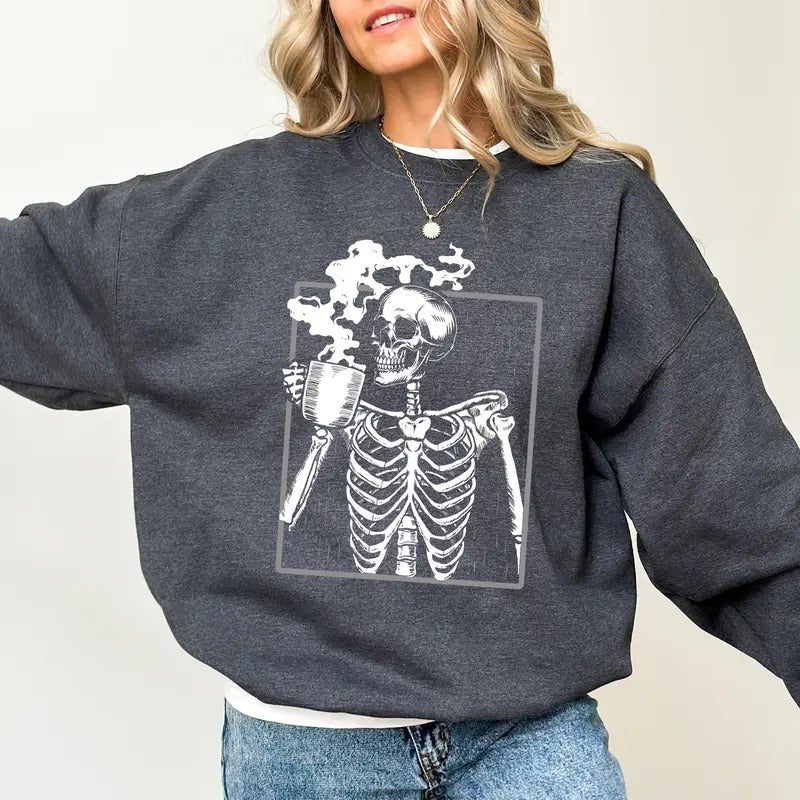 Funny Skeleton Drinking Coffee Sweatshirt, Halloween Skeleton Crewneck, Creepy Skeleton Sweater, Coffee Lover Gift Shirt,...