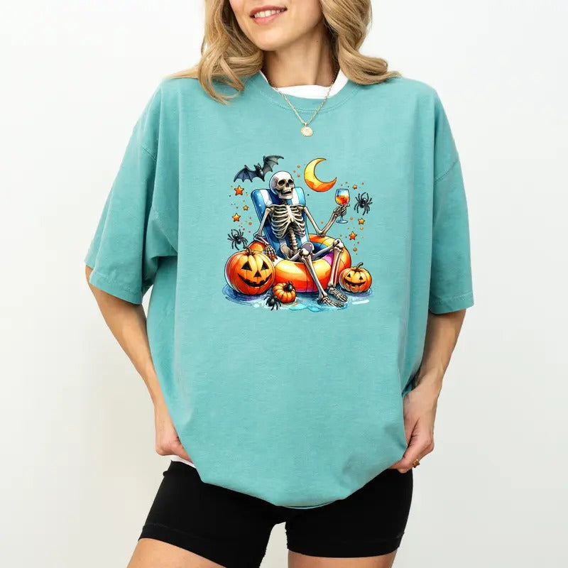 Funny Skeleton Summer Shirt Comfort Colors, Just Waiting For Halloween Skeleton Tee, Summer Beach Tees, Halloween Summer...