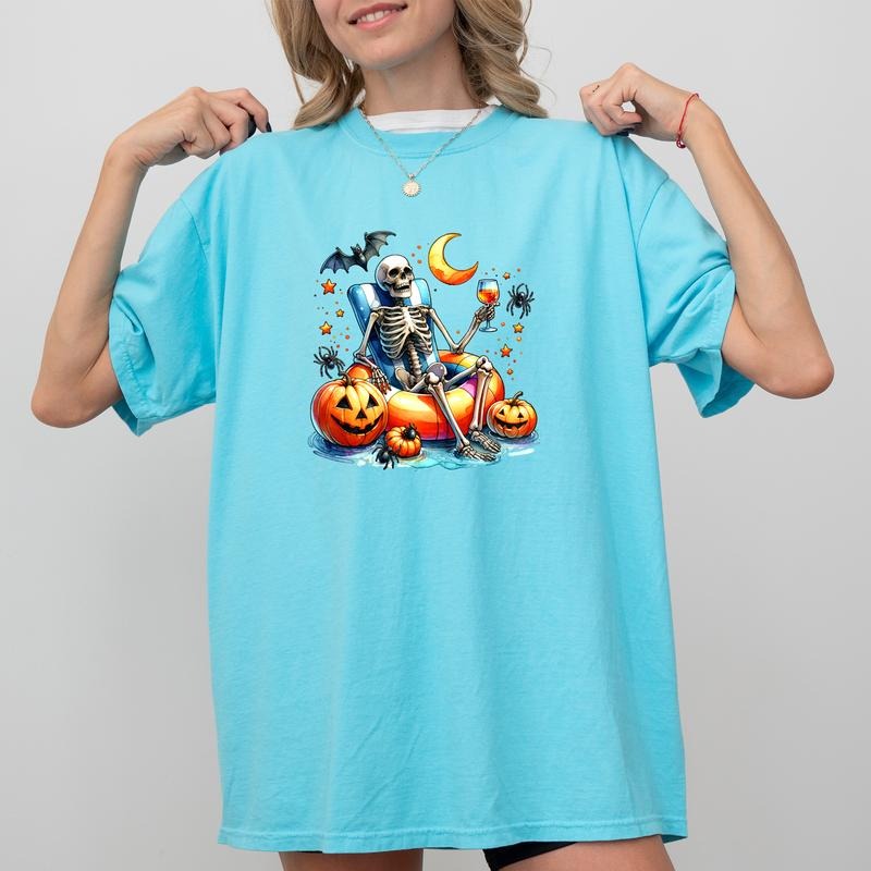 Funny Skeleton Summer Shirt, Just Waiting For Halloween Skeleton Tee, Pumpkin Skeleton Tshirt, Summer Beach Tee,...