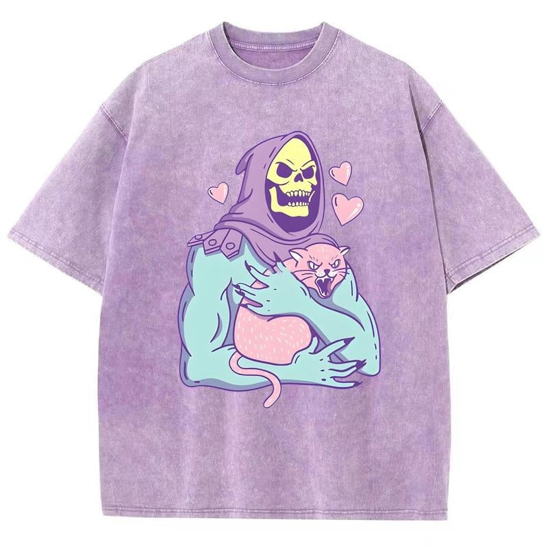 Funny Skull Cat Unisex Summer outfits men streetwear 80s 90s graphic tees cotton funny washed tshirt men gifts Hoodie,...