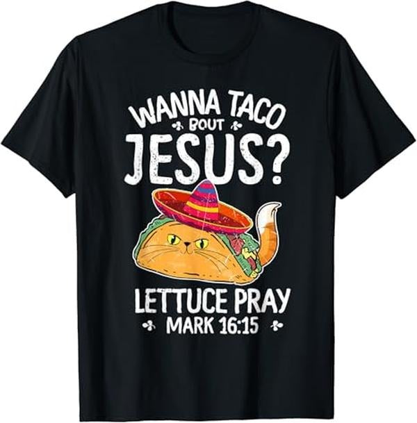 Funny Taco Shirts, Gifts For Mexican Food Lovers, Let's Taco Bout Jesus Funny Cinco De Mayo Cute Taco Cat T-Shirt...