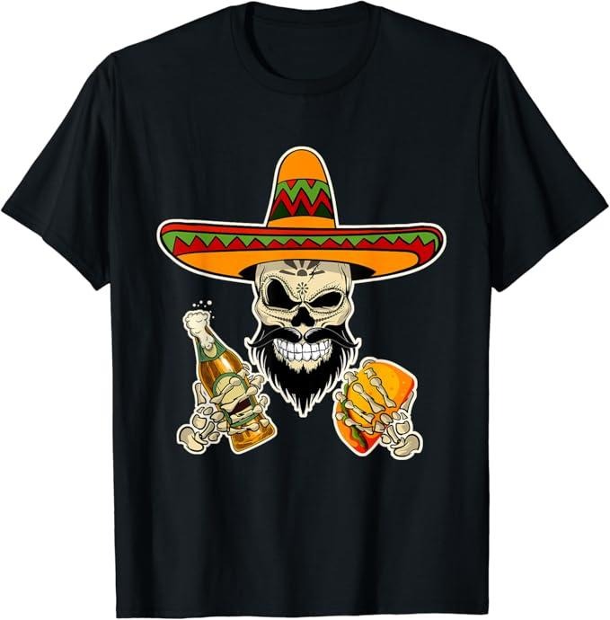 Funny Taco Shirts, Gifts For Mexican Food Lovers, Mexican Sugar Skull with Tacos and Beer Funny T-Shirt Menswear Top...