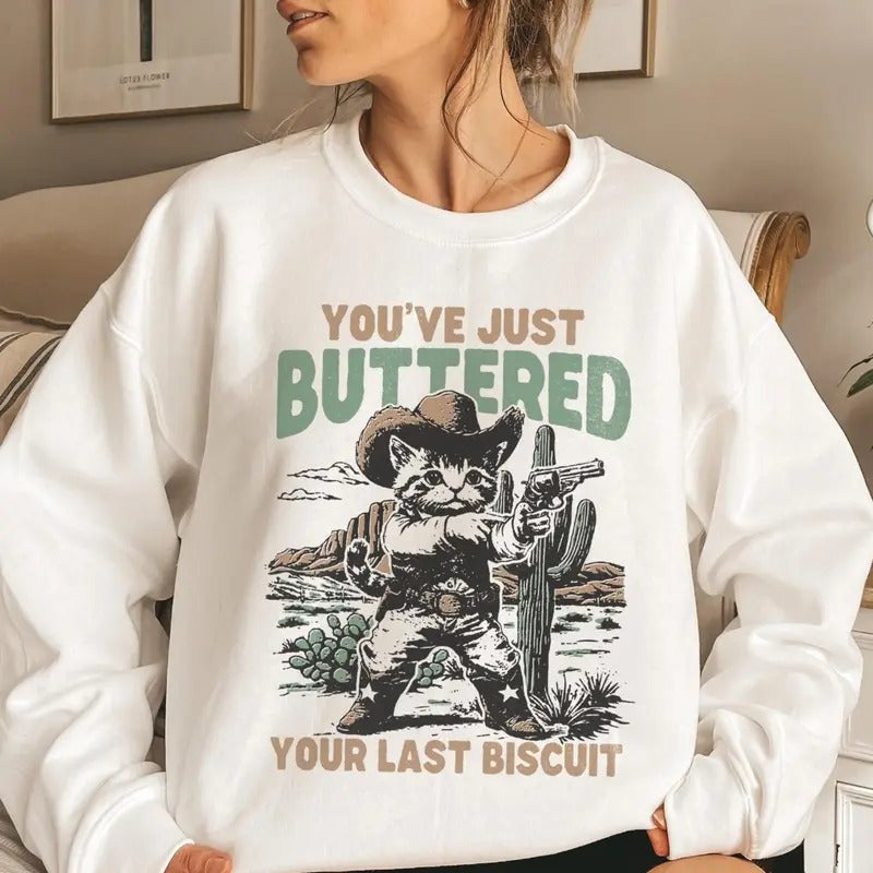 Funny Western Retro Cat Cowboy Last Biscuit Unisex Sweater, Funny Cowboy Cat Tee, Country Saying Shirt Hoodie, Sweatshirt