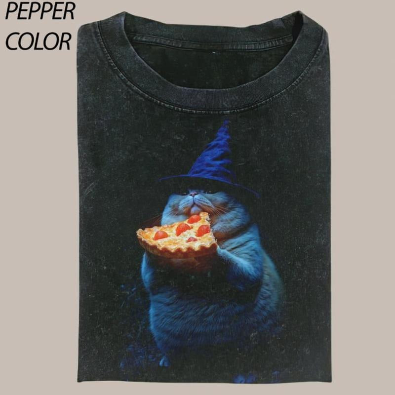 Funny Wizard Pizza Vintage Graphic T-shirt, Cute Witch Cat Tee, Cat Lover Unisex T-Shirt, 90's Style Streetwear Graphic...