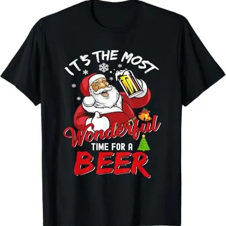 Funny Xmas Men Women Family T-Shirt, Funny Christmas Santa Claus Drinking Beer Wonderful Time T-Shirt